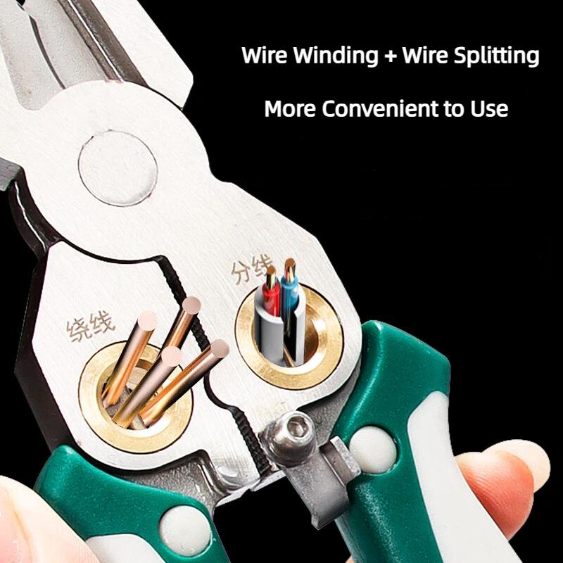 Stainless Steel 8-in-1 Wire Stripper Pliers with Voltage Test, Cable Cutting, Stripping, Crimping and Splitting Tool for Home, DIY and Electrical Work