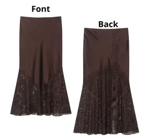 [Order 10–12 Days] Elegant Brown Silk Satin Midi Skirt with Lace Hem, Aesthetic High Waisted Patchwork Skirt, Trendy Autumn Winter Versatile Satin Skirt, Sexy Lace Trim Slip Skirt