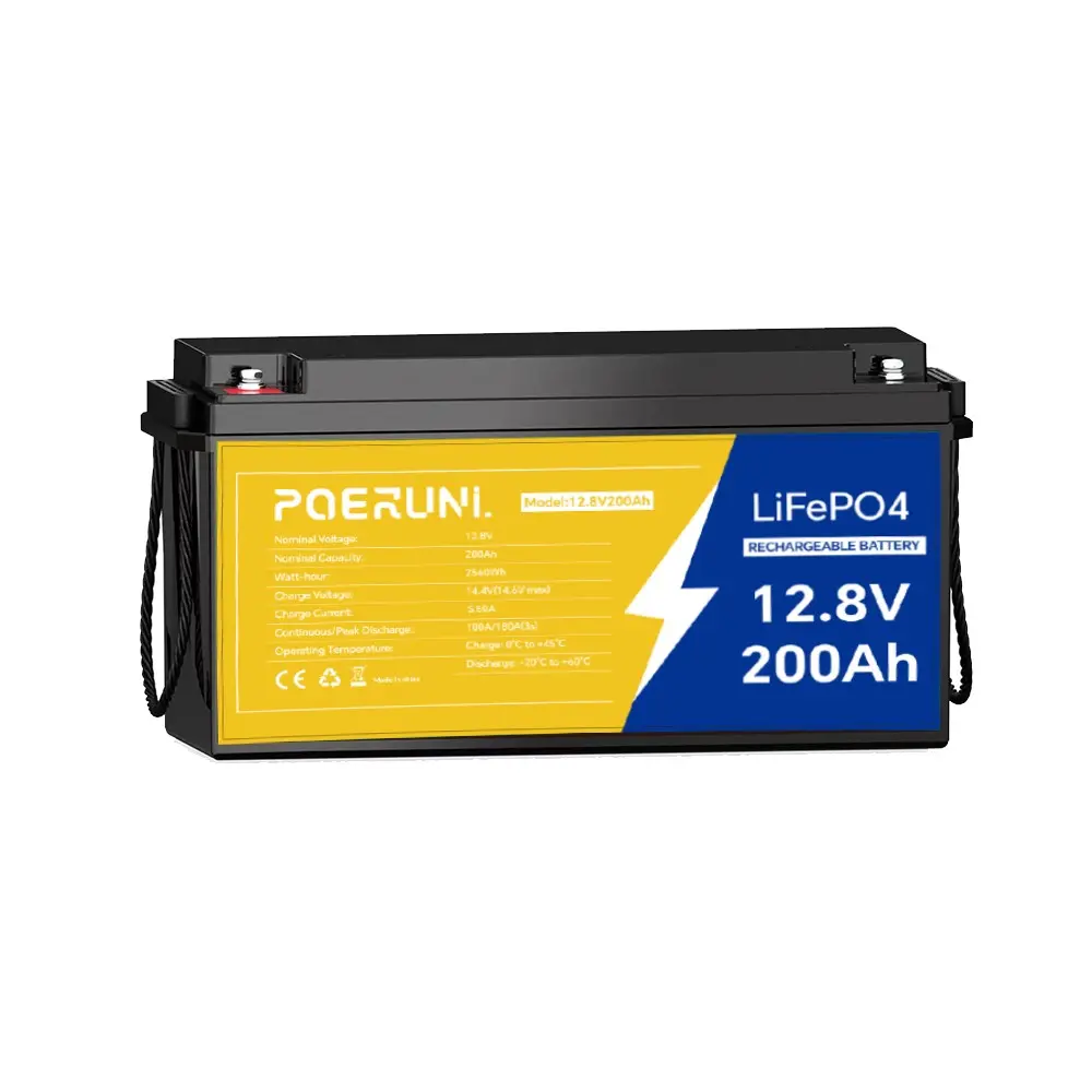 POERUNI 12V 200Ah LiFePO4 Lithium Rechargeable Battery Deep Cycle BMS for Marine Automotive Grade P65 Waterproof