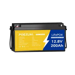 POERUNI 12V 200Ah LiFePO4 Lithium Rechargeable Battery Deep Cycle BMS for Marine Automotive Grade P65 Waterproof