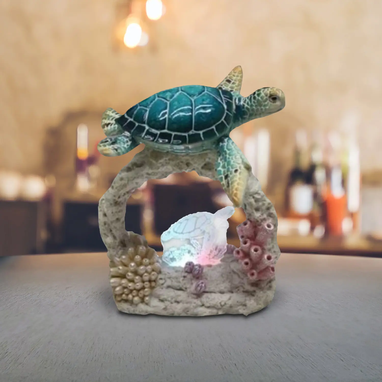 9.25"H LED Blue Sea Turtle with Conch Statue Fantasy Decoration Figurine
