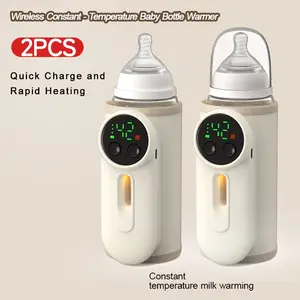 2pcs Portable Bottle Warmer with Quick Heating, Precise Temp Control & Night Light - USB/Battery Powered, Constant Milk warming, LCD Thermometer, Beige - Ideal for Travel, Home, Gifts - Perfect for & Toddlers, Travel Essential, Compact Desi