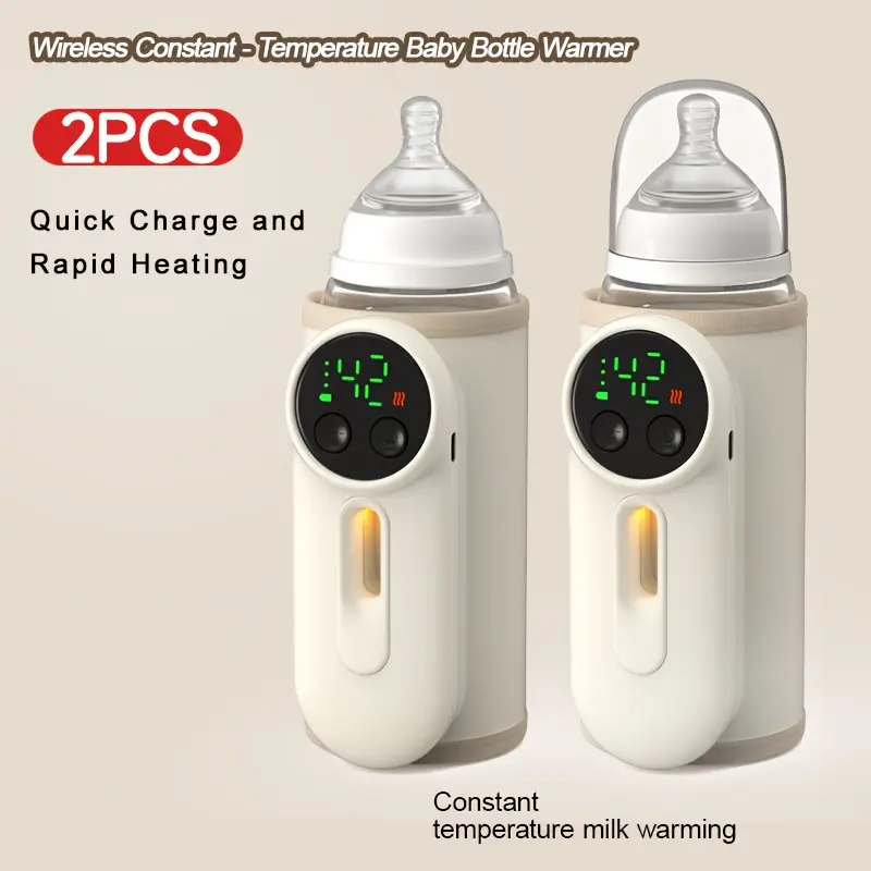 2pcs Portable Rechargeable Bottle Warmer - USB/Battery Powered, Quick Heating, Precise Temperature Control, Constant Temperature, LCD Thermometer, Night Light, Compact Design, Beige - Travel Size, Ideal for Travel, Home, Gifts for Toddlers, 2Pcs Portable