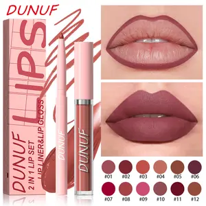 DUNUF The 2-in-1 lip liner and lip gloss set features a variety of rich nude and red shades, with a matte cream texture. It is waterproof, long-lasting and not prone to smudging. It is suitable for all skin tones and is free from animal ingredients.