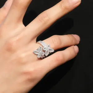 Diamond-studded staggered butterfly open ring, fashionable and unique, hip-hop style, versatile, unisex, a gift for girlfriend or boyfriend