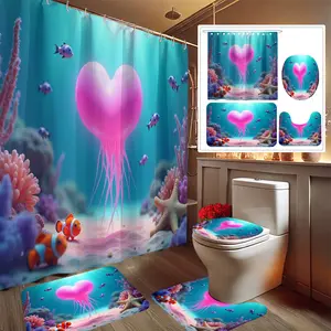 4pcs Valentine's Day Underwater Heart Jellyfish Print Shower Curtain Set, Ring Shower Curtain, Bathroom Decor Set Includes Shower Curtain, Non-Slip Bath Mat, Toilet Lid Cover, Bath Mat, and 12 Plastic Hooks, Bathroom Accessories, Holiday Decor