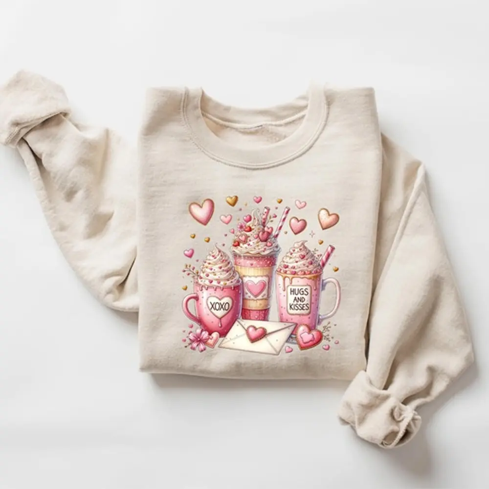 Valentine Coffee Sweatshirt for Women, Pink XOXO Coffee Lover Crewneck, Cute Valentine’s Day Gift for Her
