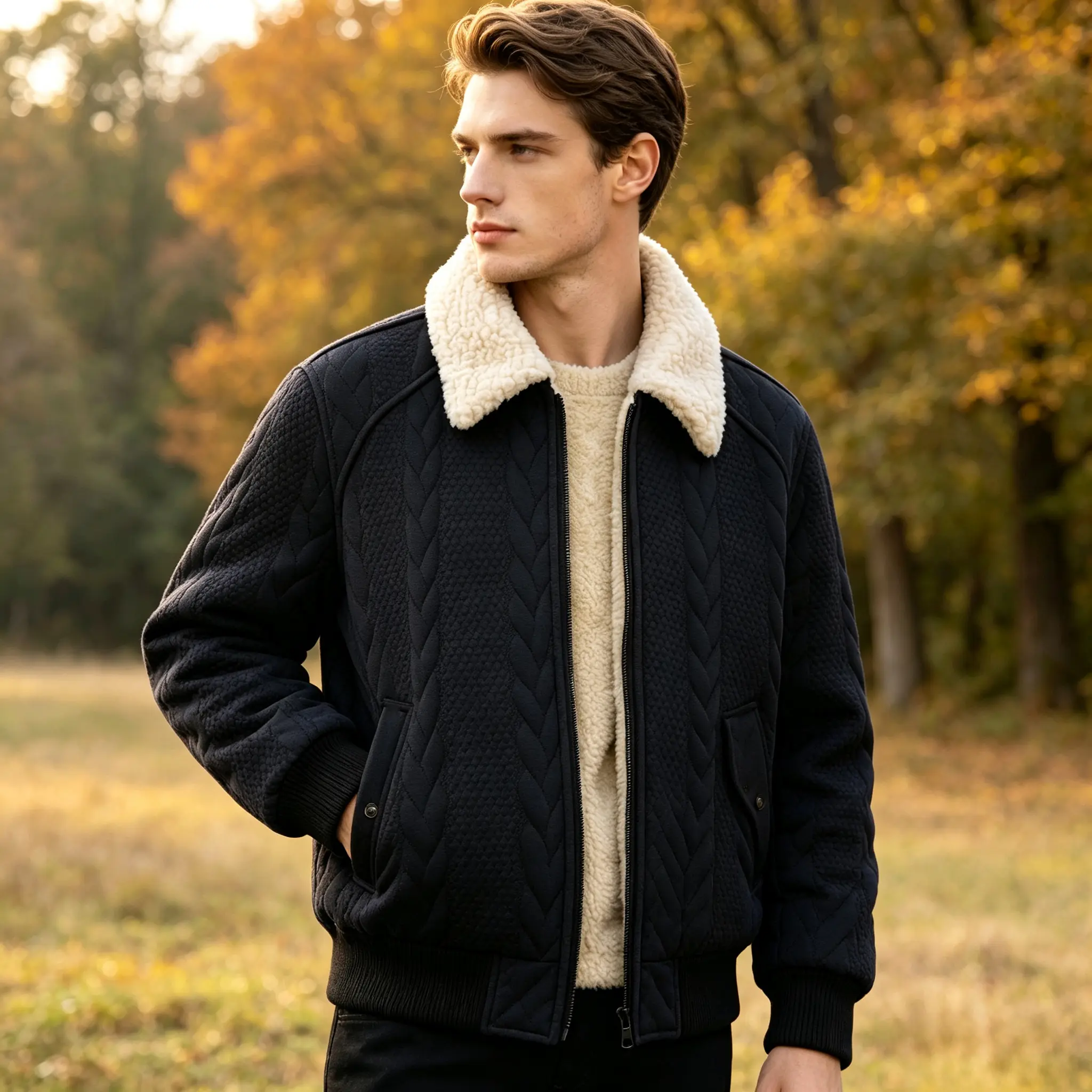 Men’s vintage solid-color long-sleeve warm aviator jacket, lightweight windproof menswear, street casual everyday versatile outerwear, classic style