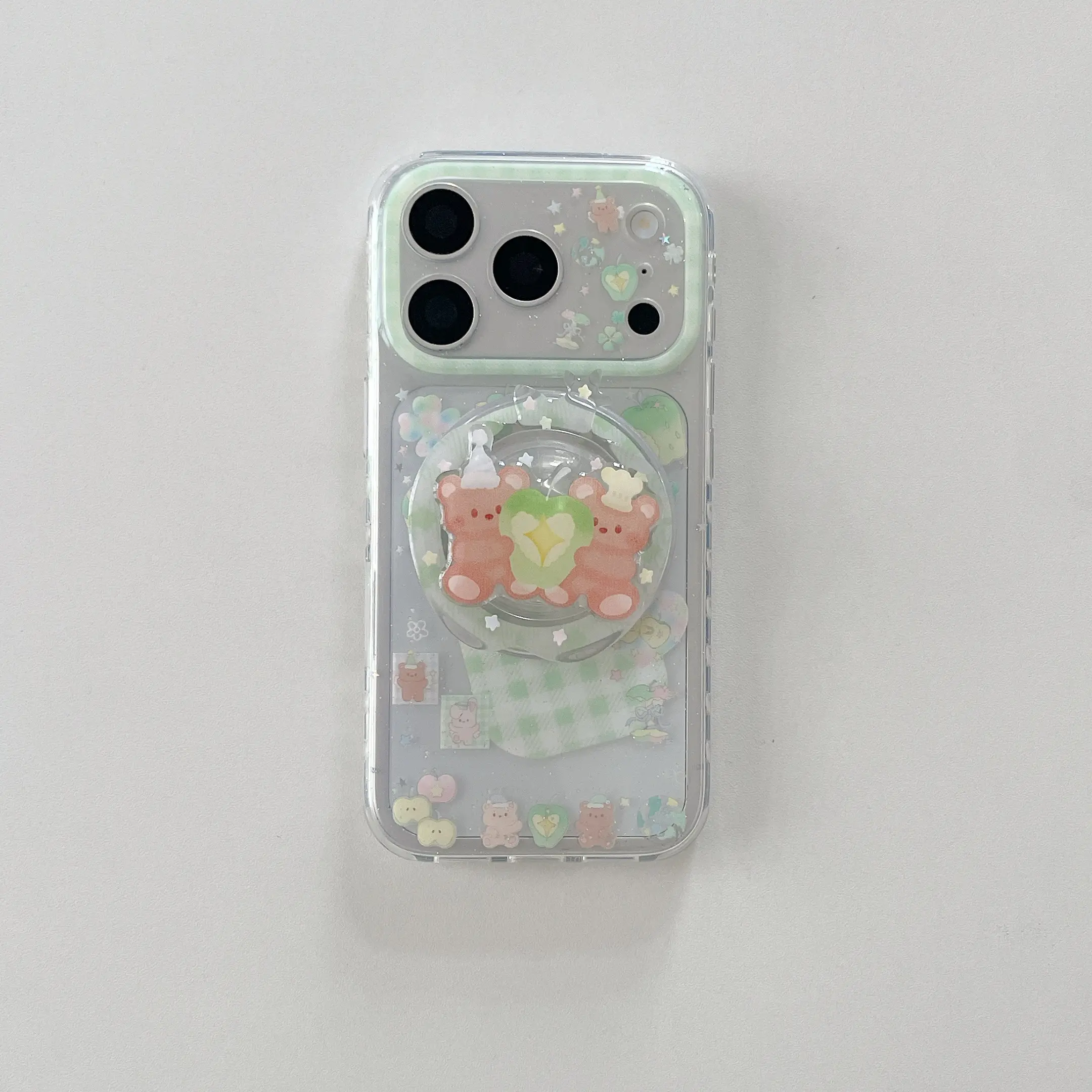 Mint Green Frame Glitter Clear Phone Case For iPhone 17 Pro Max With Couple Bear Heart Pop Socket Shockproof Soft Cover