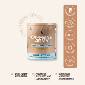 Caffeine Army Vanilla Latte Flavor Functional Coffee with Time-Release Caffeine MCTs Collagen Adaptogens & Vitamins for Energy Focus Mood Beauty & Metabolic Support 22 Servings Sugar-Free Gluten-Free Keto-Friendly Beverage