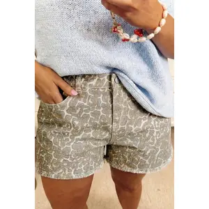 Khaki Raw Edge Leopard Print Denim Shorts