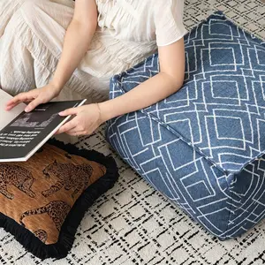Bohemian Square Pouf Cover, Unstuffed Storage Ottoman Cover in Thickened Fabric, Cozy Casual Seating & Footrest Floor Pillow for Home Living Room Bedroom