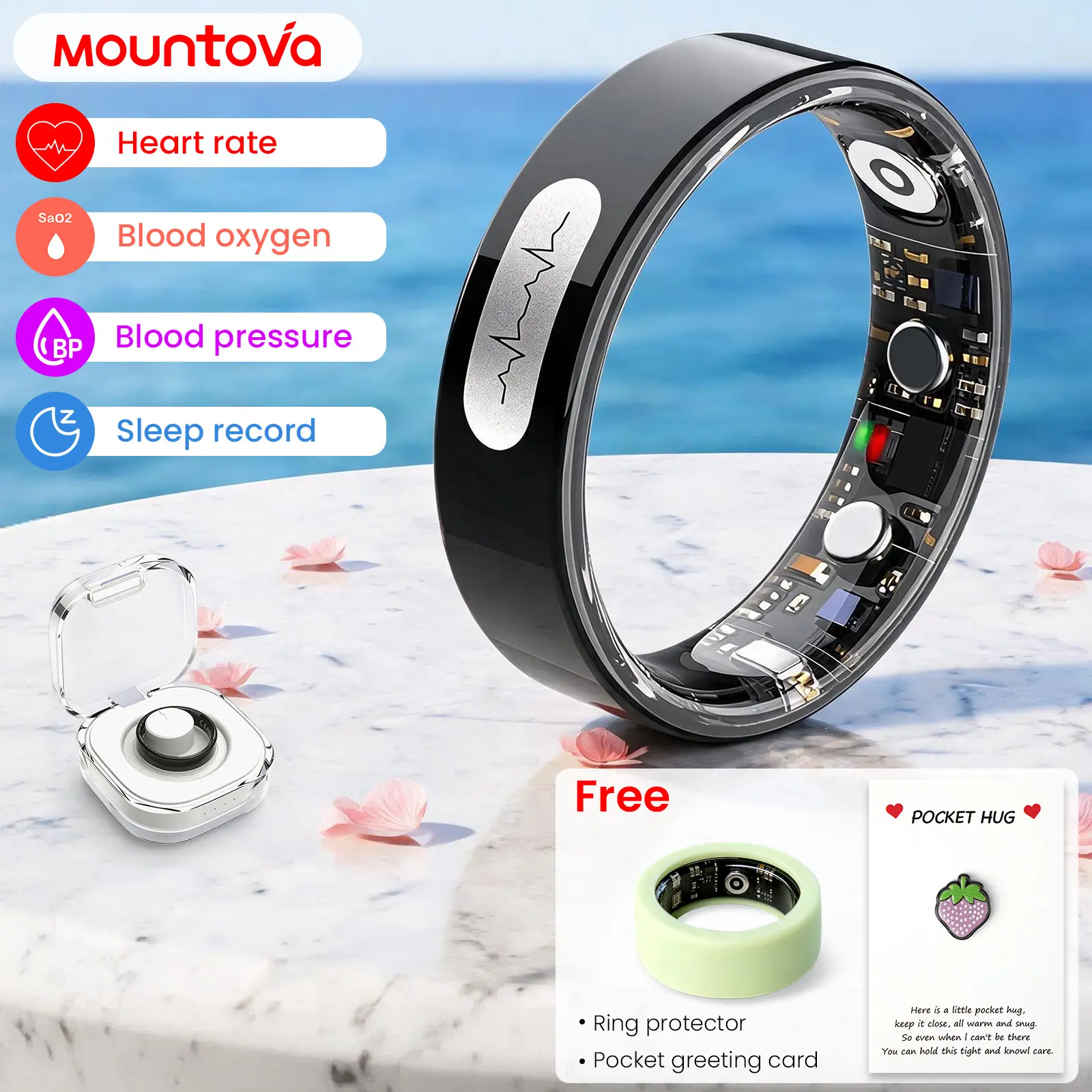 ECG PPG Smart Ring 5ATM Waterproof Health Tracker, Heart Rate Blood Oxygen Blood Pressure Body Temperature Sleep Fitness Monitor Smart Rings for Men Women