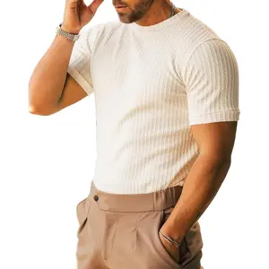 Men's Ribbed Knit T-Shirts Short Sleeve Casual Crewneck Slim Fit Textured Pullover Tees Fabric Menswear
