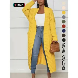 Women's Solid Color Pocket Open Front Knit Cardigan, Casual Long Sleeve Knitwear for Fall & Winter, Women's Knit Clothing for Daily Wear