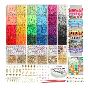 6000PCS Clay Beads Bracelet Making Kit 24 Color DIY Flat Preppy Beads for Friendship Jewelry Making Polymer Heishi Beads with Charms Gifts for Teen Girls Crafts for Ages 4-12