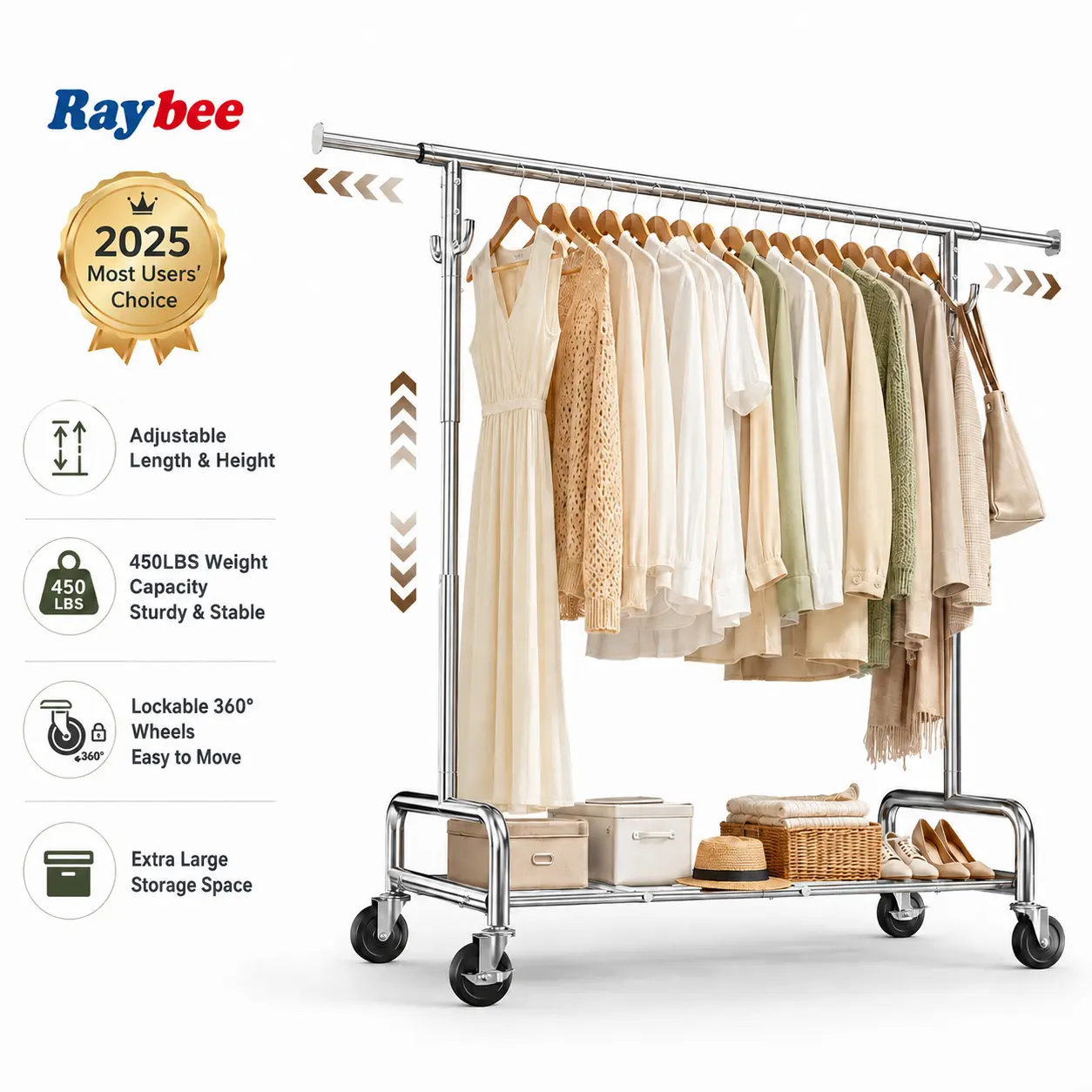 Raybee Heavy Duty Clothes Rack | 450LBS Max Load, Lockable Wheels,75" Extendable Height & Length Garment Rack for Bedroom, Laundry Room, Commercial