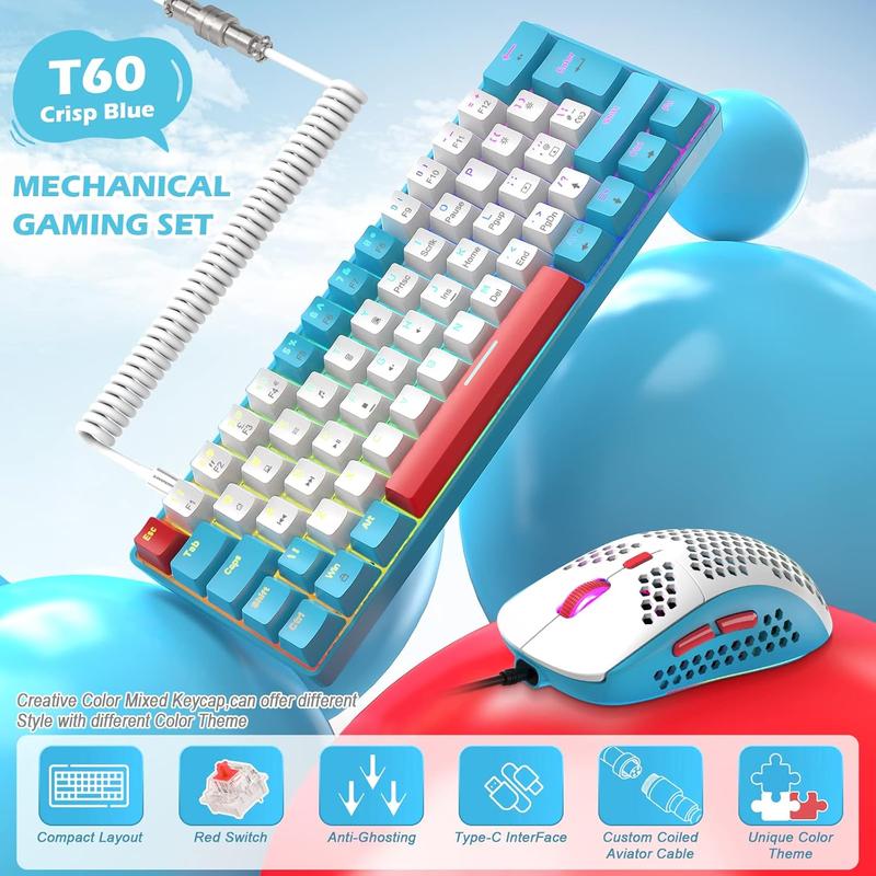 ZIYOU LANG T60 Wired Rainbow Backlit Mechanical Gaming Keybaord and Mouse Combo, 62 Keys Mini Portable Keyboard, 6400 DPI RGB Homeycomb Mouse, with Coiled Aviator C Cable for PS4/PC/WIN Gamer