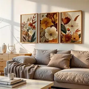 3 Pieces Boho Burnt Orange Floral Canvas Art, Watercolor Autumn Flower Wall Mural, Warm Earth Tone Home Art, Nature Inspired Gallery Decor, Warm Tone Poster, Wall Decor for Living Room and Bedroom, Framed or Unframed Options Available.