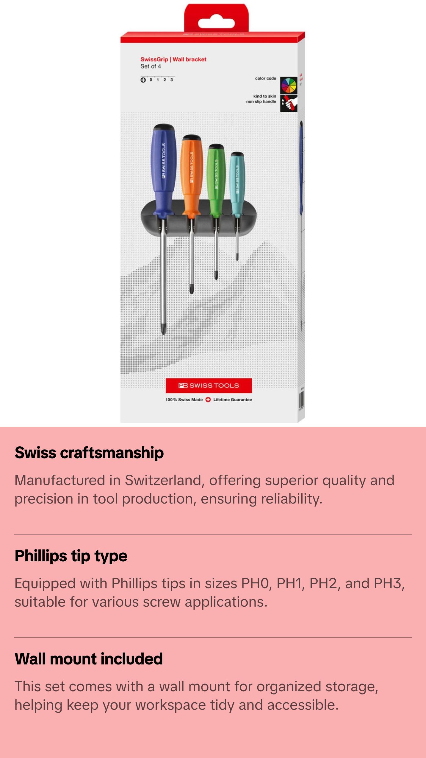 PB Swiss Tools PB 8242.RB CBB Rainbow SwissGrip Screwdriver Set, Phillips, 4 pcs w/ Wall Mount