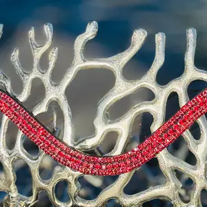 Horse Dazzle Ruby Radiance Horse Browband - Black Genuine Leather with 5 Rows of Dark Red Preciosa Crystals Button Snap Closure Full 42 CM/16.5" Size