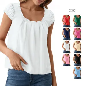 Tankaneo Womens Babydoll Tops Cap Puff Sleeve Ruffle Tank Tops Summer Scoop Neck Flowy Shirts Trendy Casual Pleated Blouse