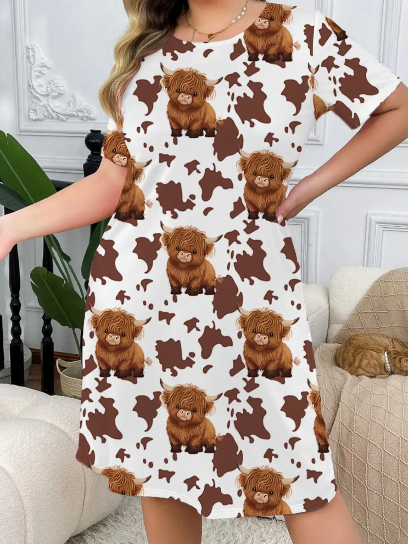 Women's Cartoon Animal Print Round Neck Short Sleeve Sleep Dress, Plus Size Ultra Comfortable Home Sleepwear Loungewear Homewear, Wearable Nightgown, Nighty Dress, Round Neck Nightdress