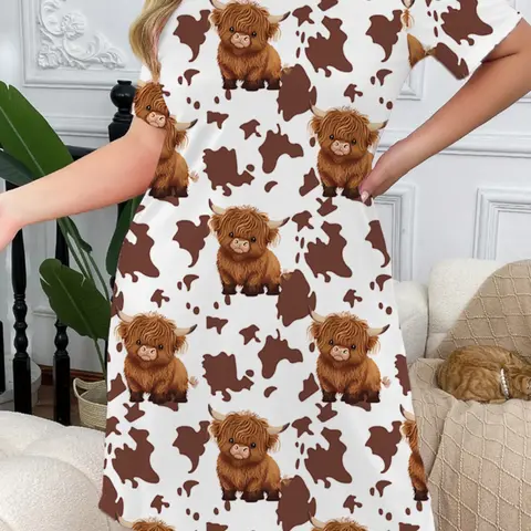 Women's Cartoon Animal Print Round Neck Short Sleeve Sleep Dress, Plus Size Ultra Comfortable Home Sleepwear Loungewear Homewear, Wearable Nightgown, Nighty Dress, Round Neck Nightdress