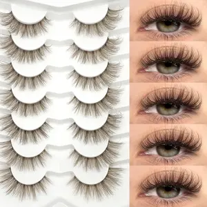 7 Pairs Brown Eyelashes Natural Look Wispy Eye Lashes Clear Band Lashes 3D Fluffy Soft Lashes Makeup Extension False Eyelashes
