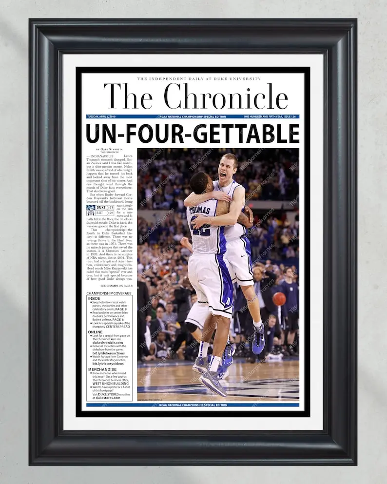 2010 Duke Blue Devils “Unfourgettable” NCAA College Basketball National Champions Framed Front Page Newspaper Print