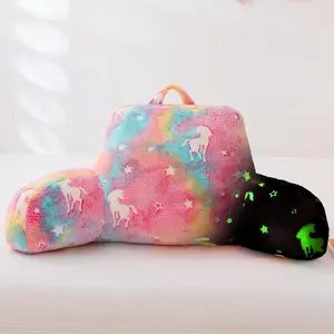 Kids Glow in The Dark Reading Pillow Bed Rest Wedge Backrest Pillow Unicorn Print with Arms Back Support for Sitting Up in Bed Cushion Rainbow