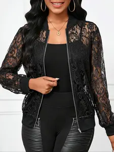 Elegant Plus Size Floral Pattern Long Sleeve Lace Baseball Jacket Coat, Women's Lightweight Fashion Outerwear