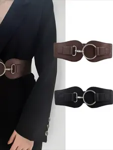 Women Wide Belts PU Leather Metal Buckle Stretch Elastic Waist Belts Female Ladies Casual Modern Waistband