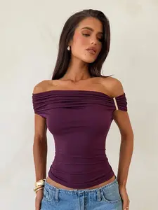 Tina Nico Solid Color Pleated Fitted Off Shoulder Elegant Fashion T-Shirt,Purple Knitted T-Shirt,Elegant Business Casual Top,Office T-Shirt,Work Tops