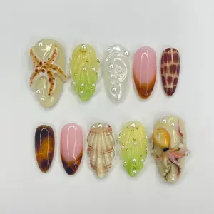 Mermaidcore 3D Sea Creature Press Ons | Almond Tortoiseshell Jelly Starfish Set | Ocean Summer