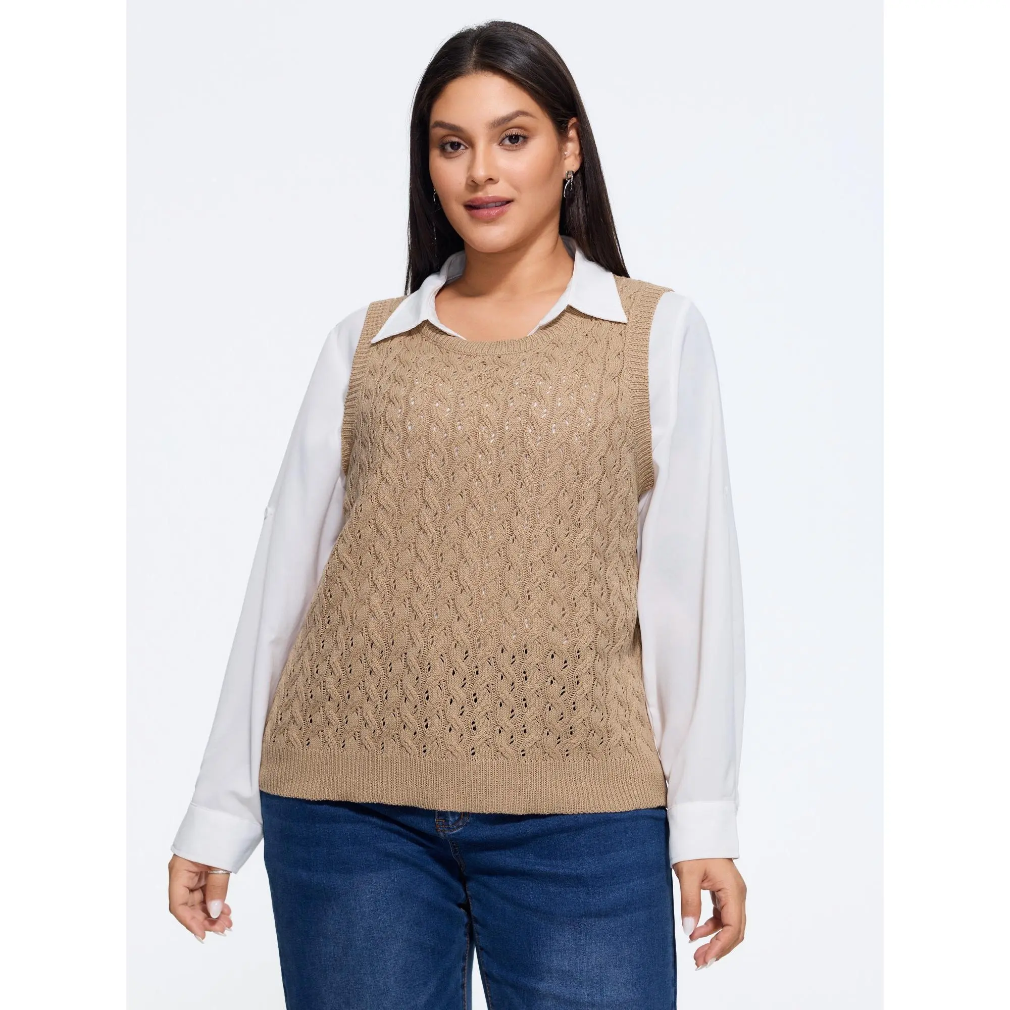 BloomChic Plus Size Crew Neck Hollow‑Out Cable Knit Sweater Vest[M-6X] Back To School,Spotlight Day