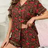2-piece women's leopard print short sleeved shorts top with small pockets, button closure collar design, elastic waistband suitable for all seasons, women's pajama set Shorts Pj Set