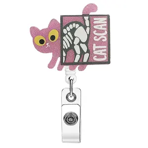 A work card telescopic buckle with cartoon pink cat scan ') "text, cute and playful style; equipped with a telescopic structure and metal clip, it can be used to hang work cards, suitable for medical (imaging inspection) and other related scenes.