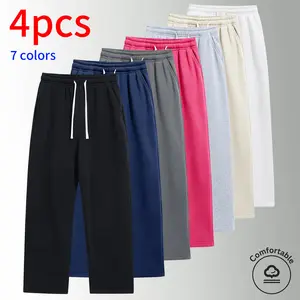 4-Pack men’s straight-leg knit pants; spring/autumn minimalist sporty straight-leg sweatpants with an elastic waistband and drawstring design; relaxed fit with a drapey feel; ideal for everyday commuting outfits; solid color, versatile style suitable f