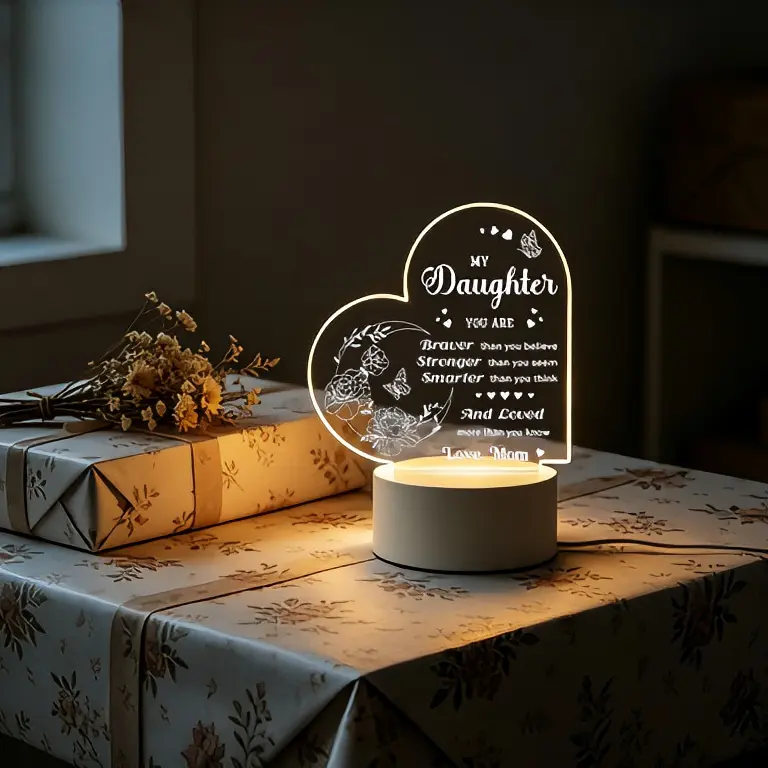 Heart-Shaped Engraved Acrylic Night Light with Love Quote - Mom-to-Daughter Inspirational Desk Lamp Gift, Ideal for Graduation, Festive Decorations