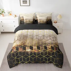 Gold Black Comforter Set with Sheets,Geometric Luxury 7 Piece Bedding Set for Boys Girls,Gold Honeycomb Bed in a Bag,Soft Gold Bed Set