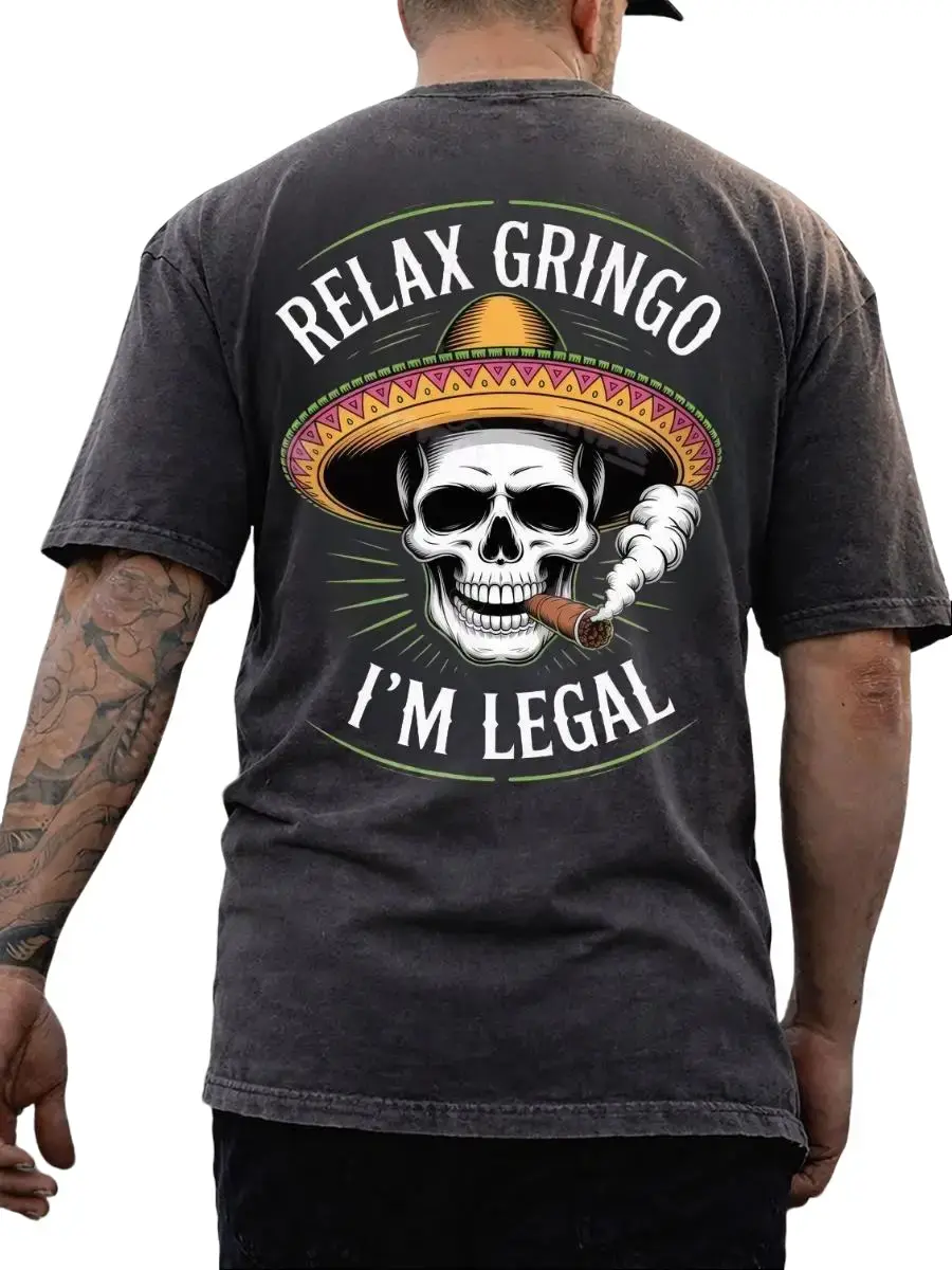 Men's Casual Graphic T-Shirt - "Relax Gringo" Skull Print, Humorous Chicano Heritage Urban Streetwear Tee, Casual Top, Tshirt, Heritage Statement