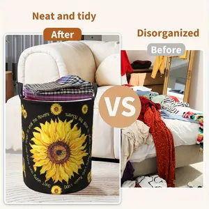 Large Sunflower Print Laundry Basket - Foldable Oxford Cloth Storage Basket with Handles, Large Capacity Circular Design, Suitable for Bedrooms, Bathrooms, Clothing Organization, Home Decor, Strong Handles, Household Storage Basket