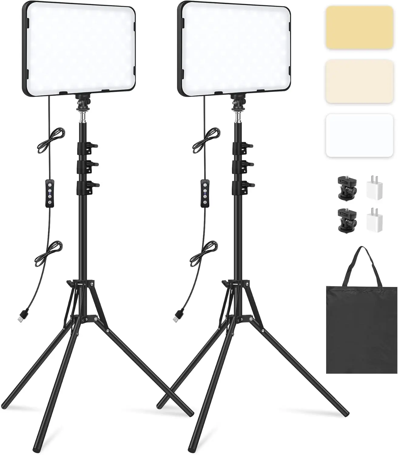 2 Pack LED Video Light with 63'' Tripod Stand,  2500-8500K Dimmable Photography Studio Lighting for Video Film Recording/Collection Portrait/Live  Streaming/YouTube Podcast, USB Charger