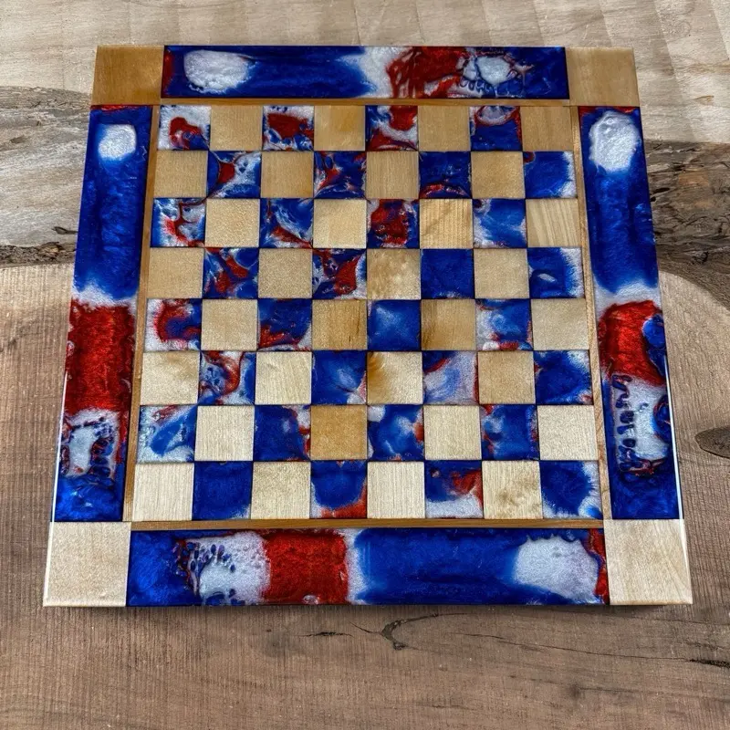 Red White & Blue Maple Wood Chess Board (INLCUDES PIECES) Red White & Blue Maple Wood Chess Board (INLCUDES PIECES)