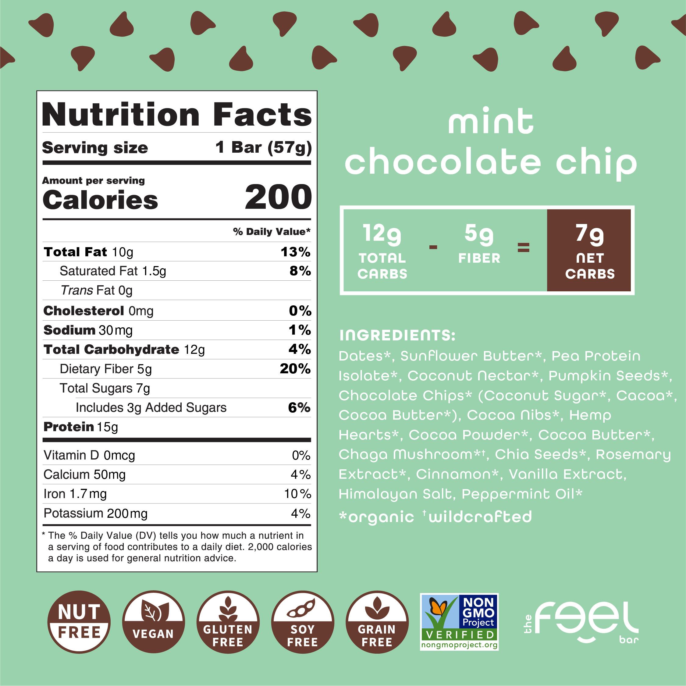 Feel Bars – Vegan Protein Bars | Mint Chocolate Chip – 10 Pack | 15g Plant Protein | Chaga Mushroom | Keto | Organic | Gluten Free, No Nuts, No Soy, No Dairy, No Grains