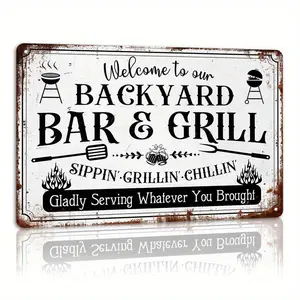 Welcome To Our Backyard Bar And Grill Vintage Metal Tin Sign Wall Art BBQ Decor For Farmhouse Party Patio Deck Backyard Wall Decor Plaqueroom decor Giftwall decor flags