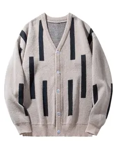 Men's Regular Fit Geometric Print Button Front Drop Shoulder Knitted Cardigan, V Neck Long Sleeve Sweater, Casual Comfy Knitting Top For Winter, Knitwear