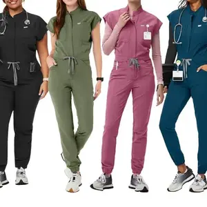 Women's Zipper Mandarin Collar Nurse Scrub Jumpsuit 42166-Bean Green_Beige Comfortable Workwear for Dentist & Vet Outfits Basic Minimalist