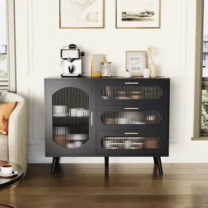 Modern Black Sideboard Cabinet with 3 Spacious Drawers & Fluted Glass Doors for Dining Room, Kitchen, or Living Room Storage, Sleek Black Furniture Organizer for Tableware, Dishes, Home Essentials